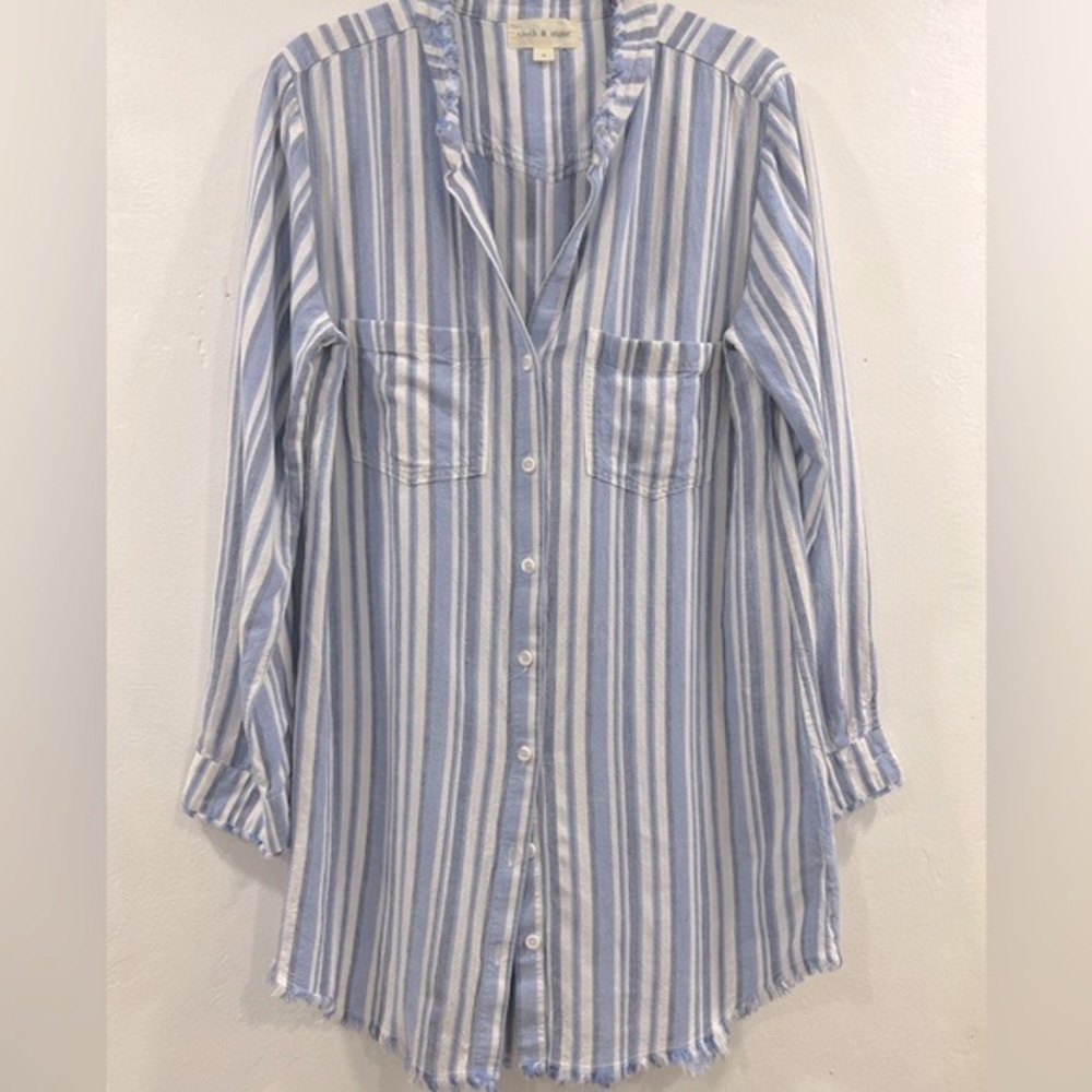 Cloth & Stone Linen Blend Striped Frayed Tunic Dress